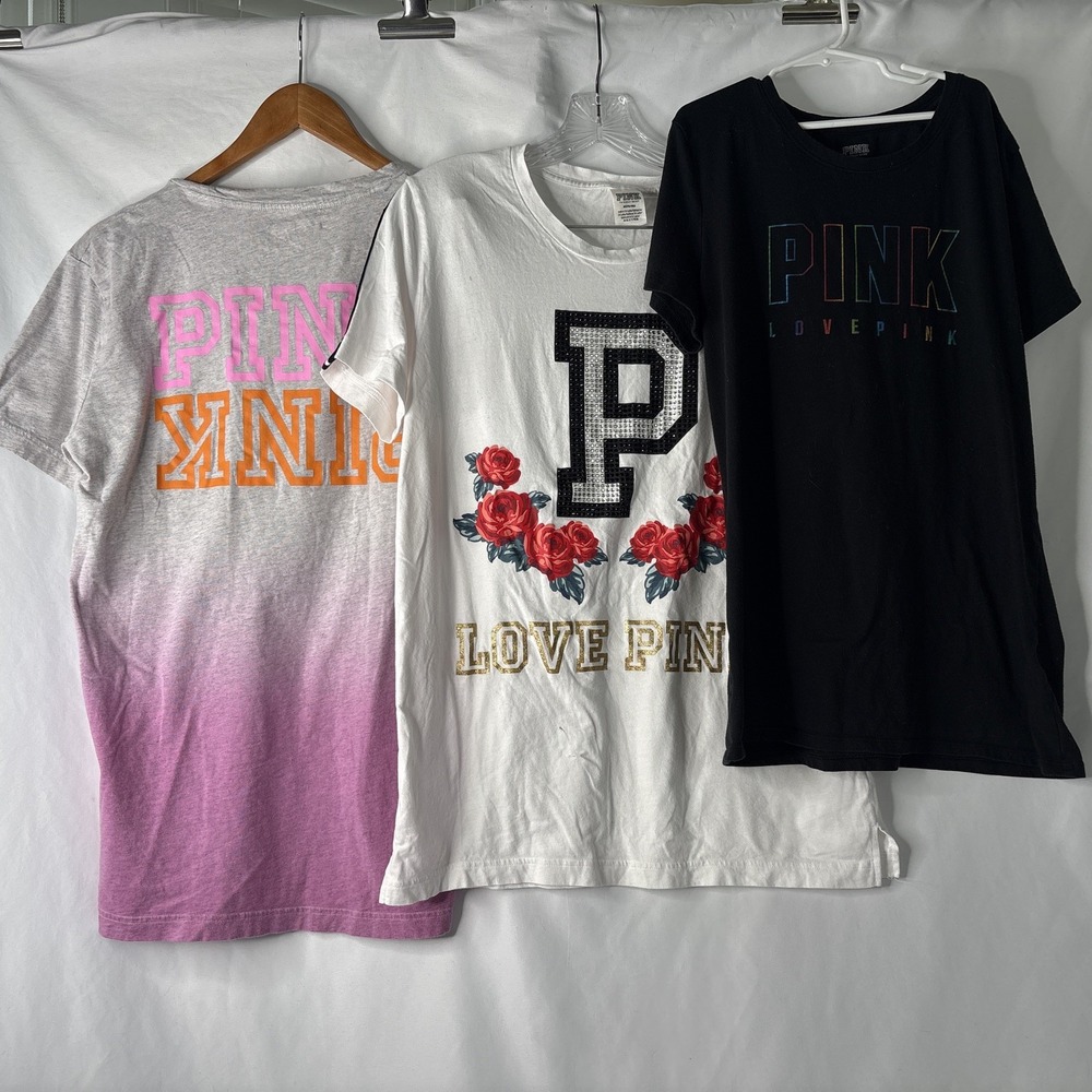 3 Victorias Secret Women M Pink Love Campus & Everyday T-shirts Lot Ombré Sequin